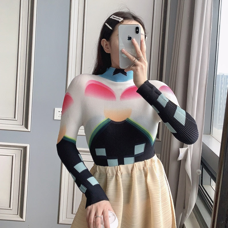 Miyake Pleated Corset Tops T-Shirt Fall Women Trendy Loose Clothing Asthetic Printed Long Sleeve Bottoming Shirt