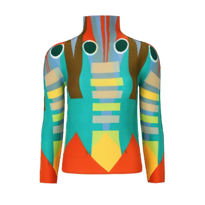 Miyake Pleated Corset Tops T-Shirt Fall Women Trendy Loose Clothing Asthetic Printed Long Sleeve Bottoming Shirt