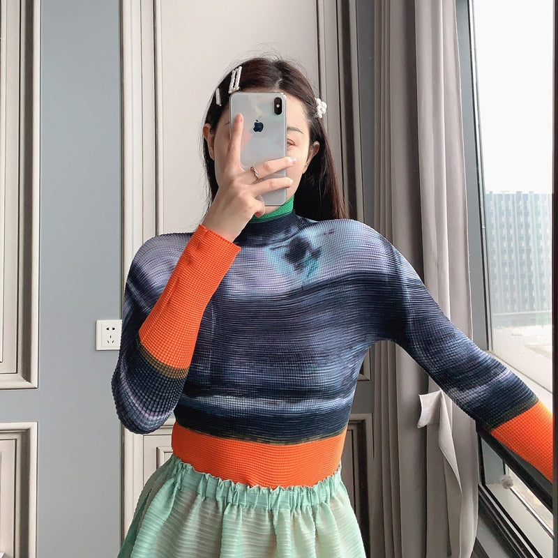 Miyake Pleated Corset Tops T-Shirt Fall Women Trendy Loose Clothing Asthetic Printed Long Sleeve Bottoming Shirt