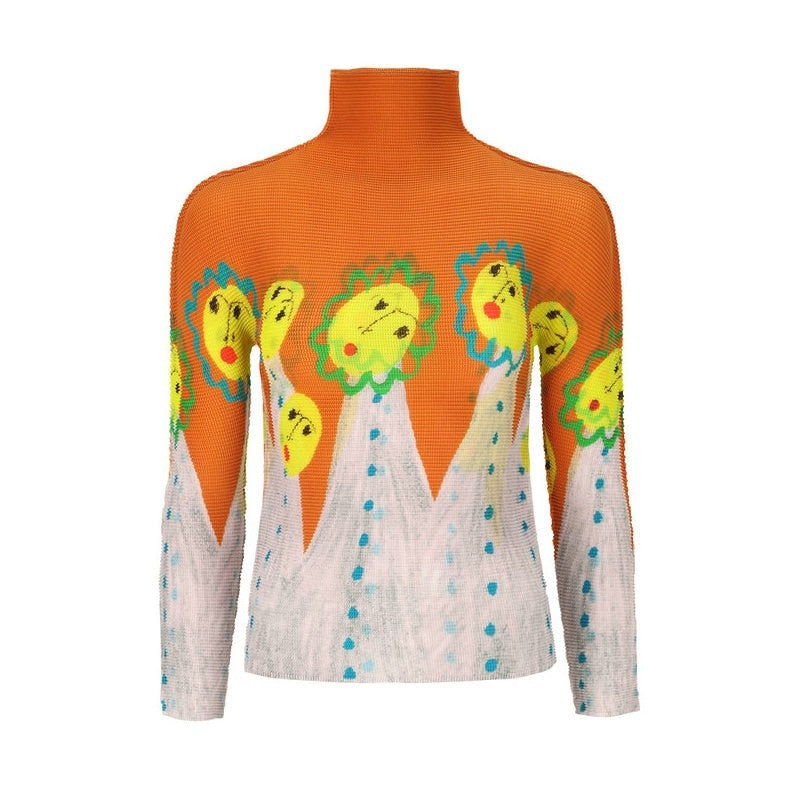 Miyake Pleated Corset Tops T-Shirt Fall Women Trendy Loose Clothing Asthetic Printed Long Sleeve Bottoming Shirt