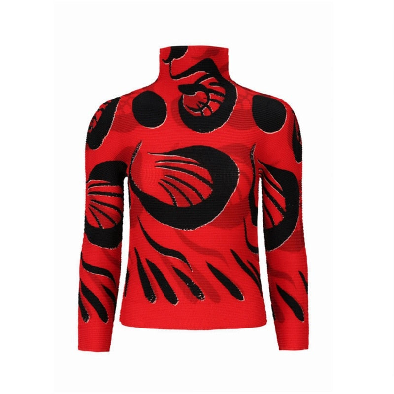 Miyake Pleated Corset Tops T-Shirt Fall Women Trendy Loose Clothing Asthetic Printed Long Sleeve Bottoming Shirt