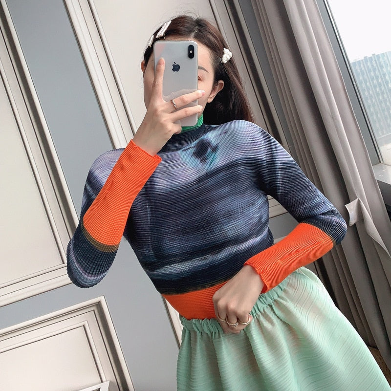 Miyake Pleated Corset Tops T-Shirt Fall Women Trendy Loose Clothing Asthetic Printed Long Sleeve Bottoming Shirt