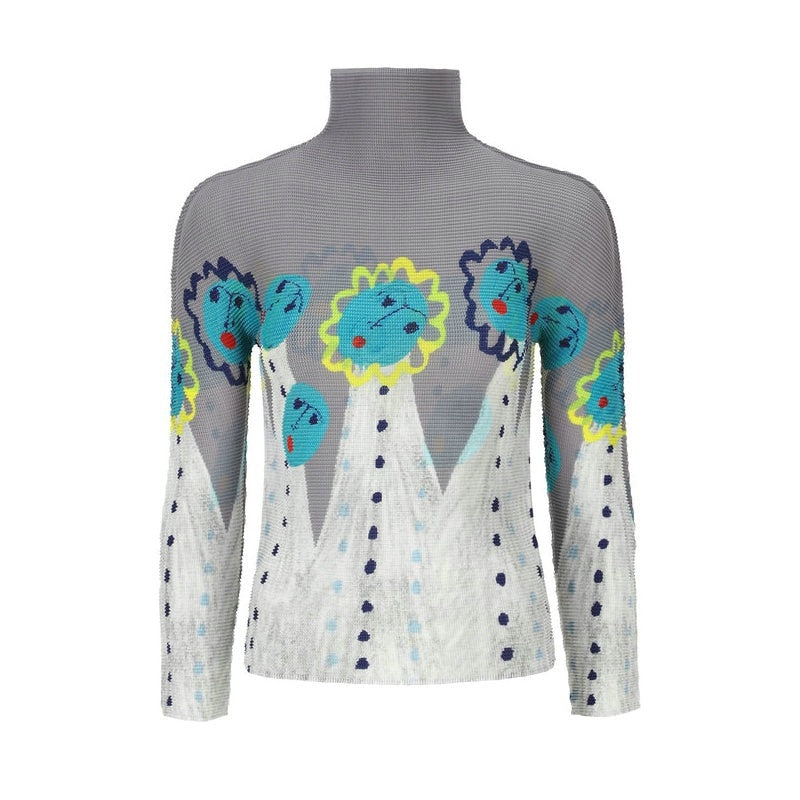 Miyake Pleated Corset Tops T-Shirt Fall Women Trendy Loose Clothing Asthetic Printed Long Sleeve Bottoming Shirt