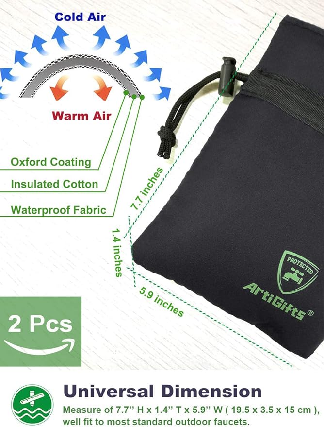 ArtiGifts Pro Outdoor Faucet Cover Socks for Winter Freeze Protection, 5.9" W x 7.7" H, Black, Set of 2
