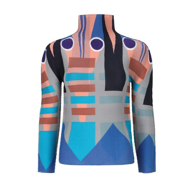 Miyake Pleated Corset Tops T-Shirt Fall Women Trendy Loose Clothing Asthetic Printed Long Sleeve Bottoming Shirt