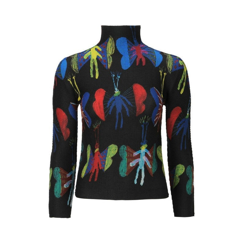Miyake Pleated Corset Tops T-Shirt Fall Women Trendy Loose Clothing Asthetic Printed Long Sleeve Bottoming Shirt