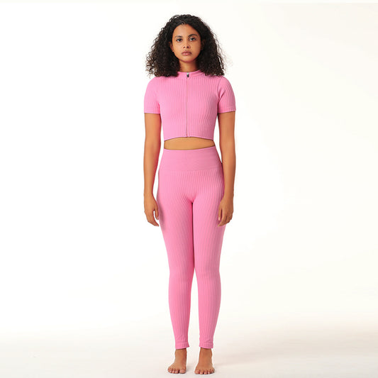 Yoga Clothing Suit Women's Fall Winter Running Fitness Sports Jacket Zipper Short Sleeve Seamless Cropped Trousers