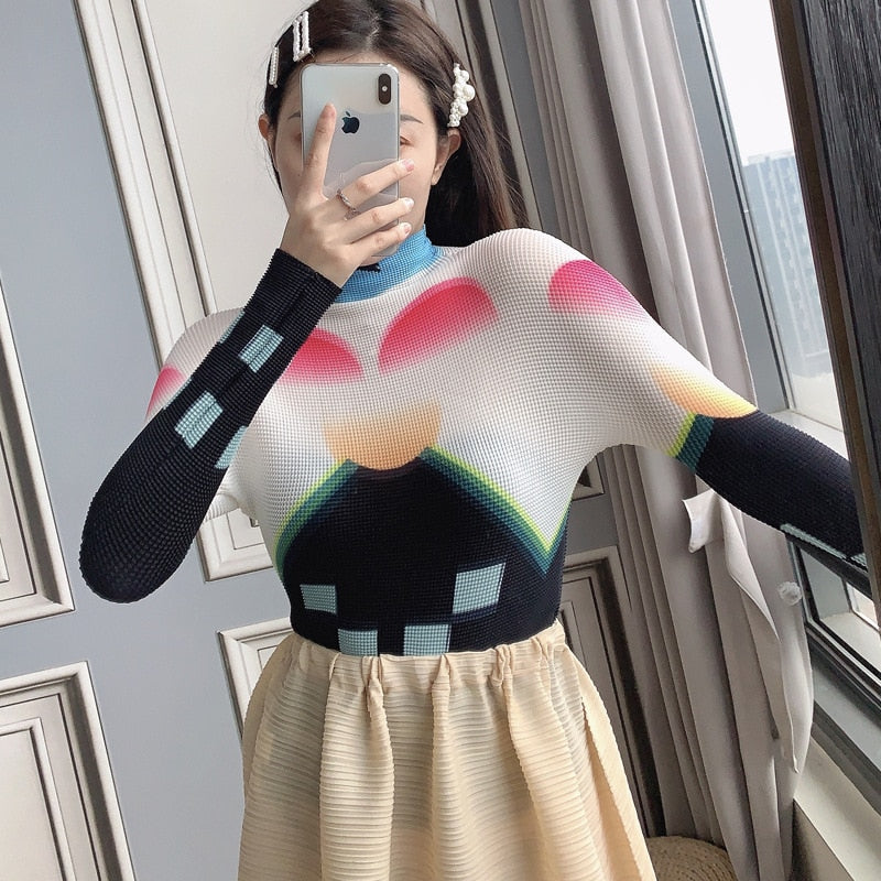 Miyake Pleated Corset Tops T-Shirt Fall Women Trendy Loose Clothing Asthetic Printed Long Sleeve Bottoming Shirt
