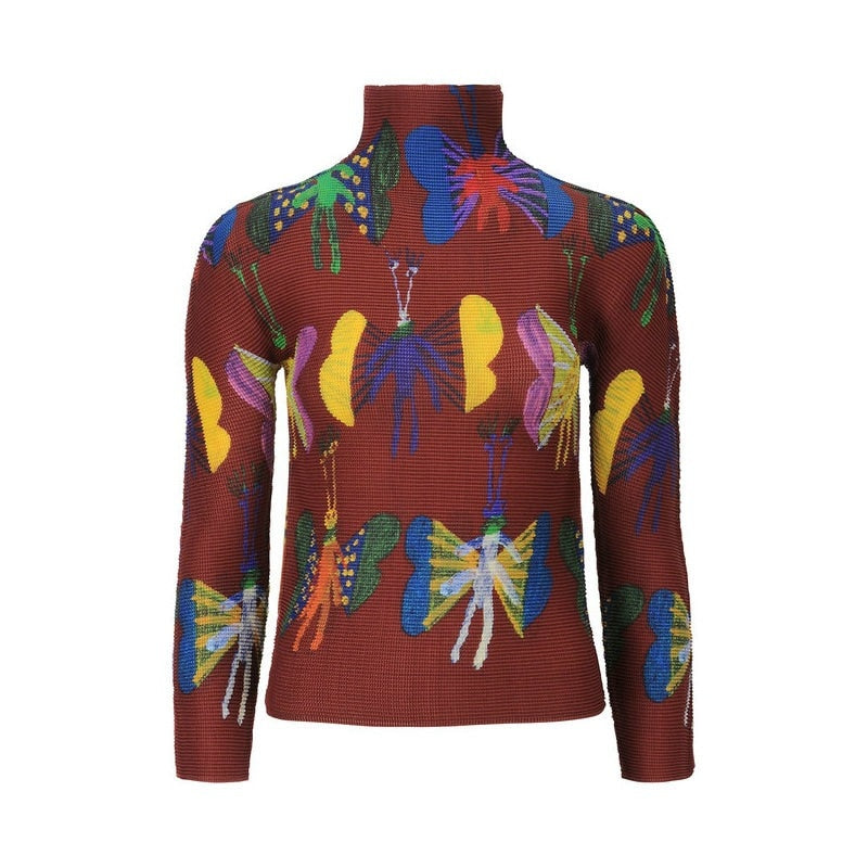 Miyake Pleated Corset Tops T-Shirt Fall Women Trendy Loose Clothing Asthetic Printed Long Sleeve Bottoming Shirt