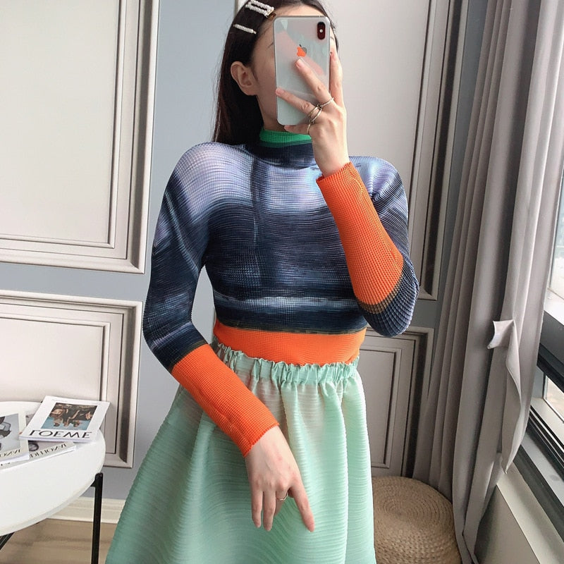 Miyake Pleated Corset Tops T-Shirt Fall Women Trendy Loose Clothing Asthetic Printed Long Sleeve Bottoming Shirt