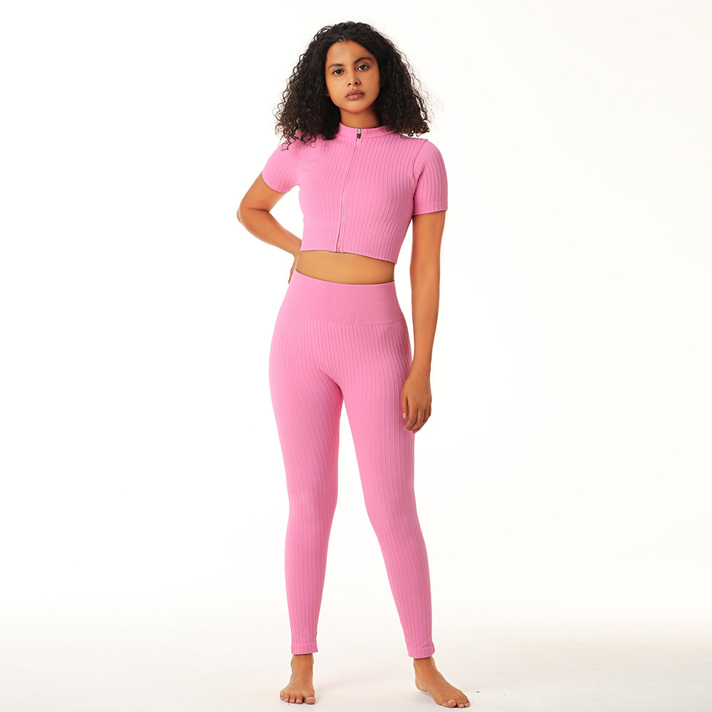 Yoga Clothing Suit Women's Fall Winter Running Fitness Sports Jacket Zipper Short Sleeve Seamless Cropped Trousers