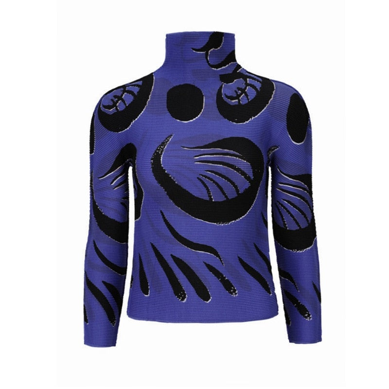 Miyake Pleated Corset Tops T-Shirt Fall Women Trendy Loose Clothing Asthetic Printed Long Sleeve Bottoming Shirt